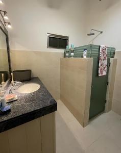 巴卡拉尔Villa Bianca Bacalar的一间带水槽和绿色冰箱的浴室