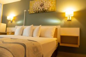 伯利兹城Golden Tree Hotel Belize的一间卧室配有带白色枕头的床