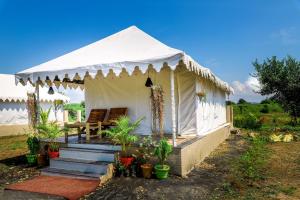RehtiLotuslap Resort的白色帐篷,配有椅子和一些植物