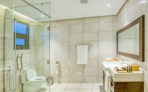 KinigiVirunga Inn Resort & Spa的浴室配有卫生间、盥洗盆和淋浴。