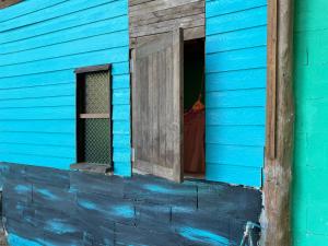 象岛自由之家民宿的一面有窗户的蓝色房子