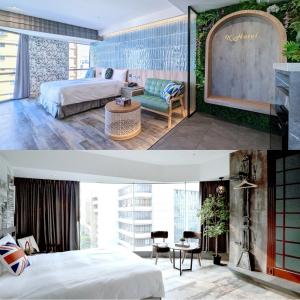 台中市久窝行旅一中馆的两张带两张床的酒店客房的照片