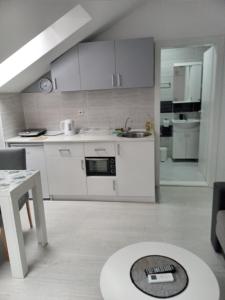 索科矿泉村Studio Lep odmor的厨房配有白色橱柜、水槽和桌子