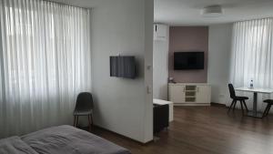 NeckarwestheimNeckarzeit的一间卧室配有一张床、一张桌子和一台电视