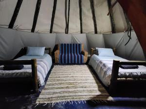 StormsriviermondTsitsikamma Wolf Sanctuary ECO Cabins & Teepees的帐篷内的房间,配有两张床和一把椅子