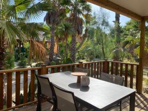 格里莫Mobil Homes Vacances的棕榈树甲板上的桌椅