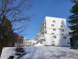 圣恩吉玛Ferienwohnung Winklworld 2 mit Hallenbad und Sauna inklusive aktivCARD的前面有雪的白色高楼