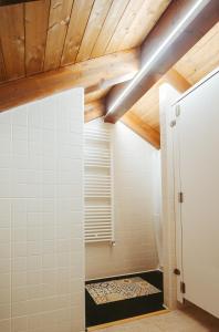 Casa Rural Ger的带淋浴的浴室和木制天花板
