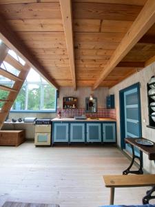 弗雷德里克斯伐克Artist Studio的厨房配有蓝色橱柜和木制天花板