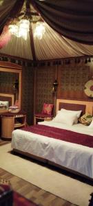瓦迪拉姆Hakuna matata desert camp的一间卧室配有一张大床和一张书桌