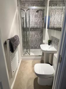博勒姆伍德Spacious, step free family flat with secure parking的浴室配有卫生间、盥洗盆和淋浴。