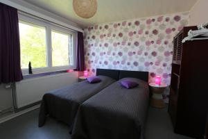斯帕Gîte du Baroudeur的一间卧室配有一张带紫色枕头的床和窗户。