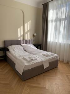 考纳斯Kaunas Embassy Apartments的卧室内的一张床铺,设有大窗户