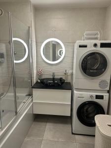 罗尼苏布瓦Appartement proche Paris et Disney land.的一间带洗衣机和洗衣机的浴室