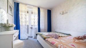 斯克拉斯卡波伦巴Górska Róża的一间卧室配有床和蓝色窗帘的窗户