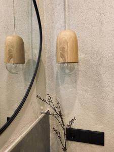 施图拜河谷新施蒂夫特Apartments Riese的浴室镜子,配有两个灯和花瓶
