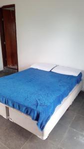 坎皮纳斯Hostel família Campineira的床上有蓝色毯子