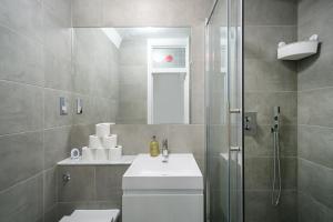 伦敦kings cross St Pancras luxury apt的带淋浴、盥洗盆和卫生间的浴室