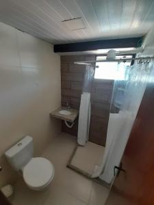 卡波布里奥Suítes Brisa Tropical的一间带卫生间和淋浴帘的浴室