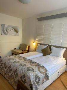 波罗维茨HQ apartments Villa Park的一间卧室配有一张大床和一把椅子
