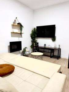 圣玛丽亚港Puerto Amazonas apartamento con jacuzzi privado的客厅配有白色沙发和平面电视。