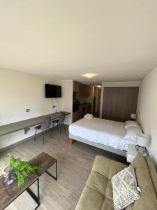 安托法加斯塔Central Vip Antofagasta的酒店客房配有床、沙发和桌子。