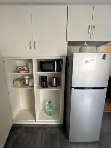 蒙得维的亚Apartamento en Pocitos的厨房配有白色橱柜和白色冰箱。