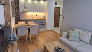 亚霍里纳Apartman K&N - Jahorinska Vila的客厅以及带桌子和沙发的厨房。
