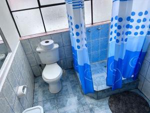 库斯科MORENAS BACKPACKERs的浴室设有卫生间和蓝色的浴帘。