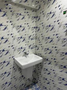 KwedonuWells Homes的浴室设有水槽和蓝色及白色瓷砖