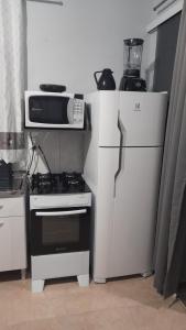 巴拉那州蓬塔尔Mini Casa Chácara Zulin's - AMOR E ACONCHEGO的厨房配有微波炉、炉灶和冰箱。