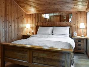 TirrilGlendowlin Lodge Retreat的一间卧室配有一张木墙床