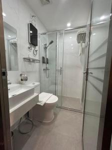 ValenciaKekehyu Business Hotel的带淋浴、卫生间和盥洗盆的浴室