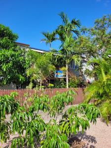 凯恩斯Travellers Paradise的房屋前有植物的栅栏