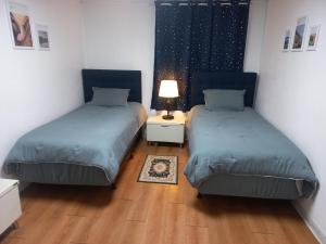 首尔Newly renovated spacious 2 bedroom unit in HBC的一间卧室设有两张床,在木地板上配有一盏灯。