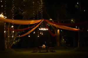 JagdalpurBastar Greens的夜晚带吊灯和灯的帐篷