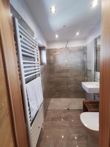 拉赫塔尔ALMNEST - LACHTAL的带淋浴、盥洗盆和卫生间的浴室