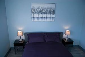 拉斯维加斯Family Friendly Contemporary House with Pool的一间卧室配有一张紫色床,桌子上配有两盏灯