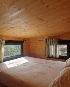 楼尔Location Tiny House Loule的小木屋内的卧室,配有床和2扇窗户