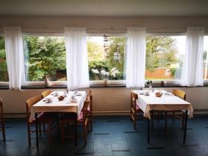 TranekærPension Skovly的用餐室设有2张桌子和椅子以及窗户。