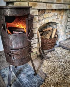 JankowiceLawenda i Bluszcz的砖炉,炉子上放着火,篮子上放着火