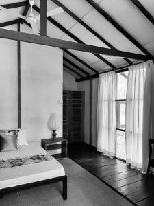 达瓦拉维Elephant Lodge的一间卧室设有一张床和一个大窗户