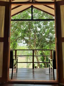 达瓦拉维Elephant Lodge的通往树门的门廊的敞开的门