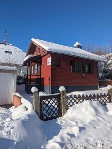 格尔斯费尔德Ferienhaus Tinyhouse21 Wasserkuppe的雪中带栅栏的红色房子