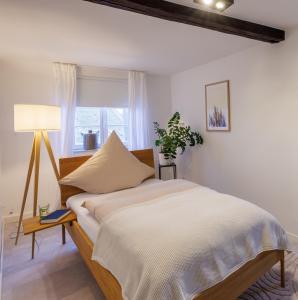 拜罗伊特Romantisches Apartment mit Whirlpool in Bayreuther Fußgängerzone的一间卧室配有一张带灯和窗户的床