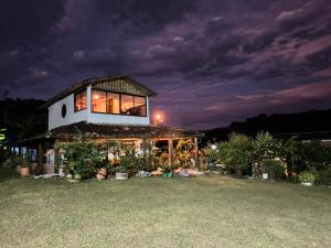 圣希尔萨尔瓦多莫提诺酒店的夜晚在院子里放着许多植物的房子