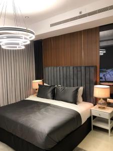 布赖代Dana Hotel的一间卧室配有一张大床和一个吊灯。