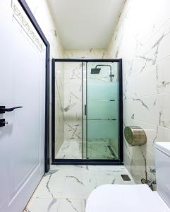 伊斯坦布尔Mia Mia Suites的一间带玻璃淋浴和卫生间的浴室