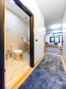 伊斯坦布尔Mia Mia Suites的一间带卫生间的浴室和一间带沙发的房间