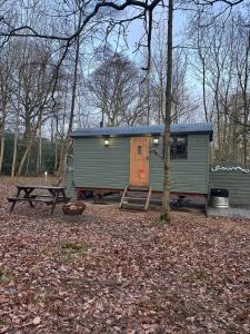 杜伦Bodos’ Shepards Hut的绿色棚子,带野餐桌和长凳
